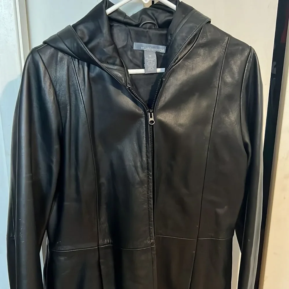 Hillard & Hanson Women's Black 100% Genuine Leather Zip Up Jacket Pockets Hood M - Picture 2 of 5